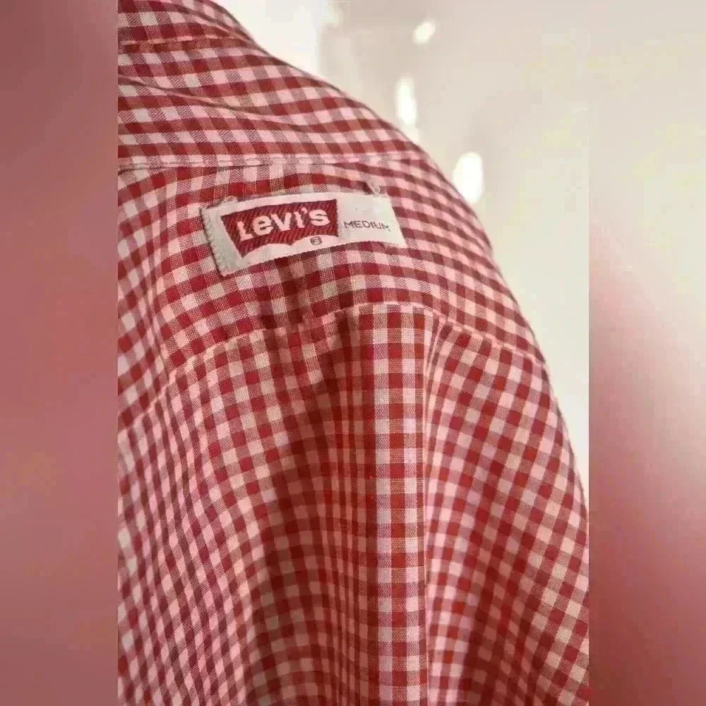 1970s LEVI'S Red Cotton Blend Gingham Western Tablecloth Picnic Shirt Small USA - Picture 7 of 7